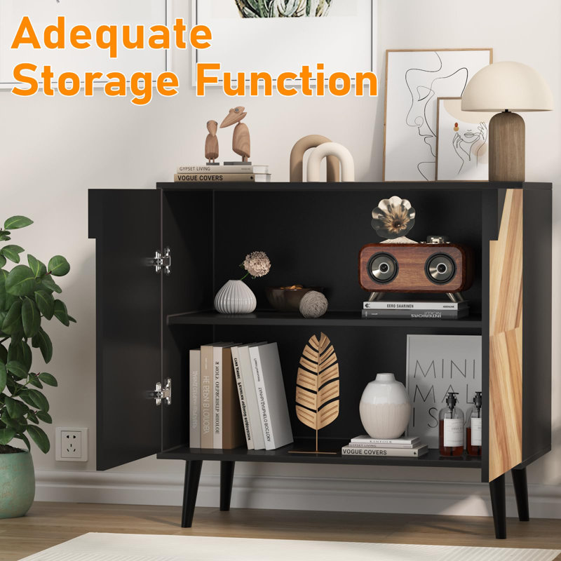 Armoire de rangement 31,5 pouces avec tablette et portes, buffet moderne avec rangement, armoire d'appoint autoportante pour la salle à manger, le salon, le vestibule, noir et grain de noyer