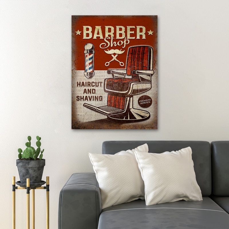 Une chaise dans un salon de coiffure - coupe de cheveux et rasage - 1 pièce, impression d'art graphique rectangulaire sur toile tendue