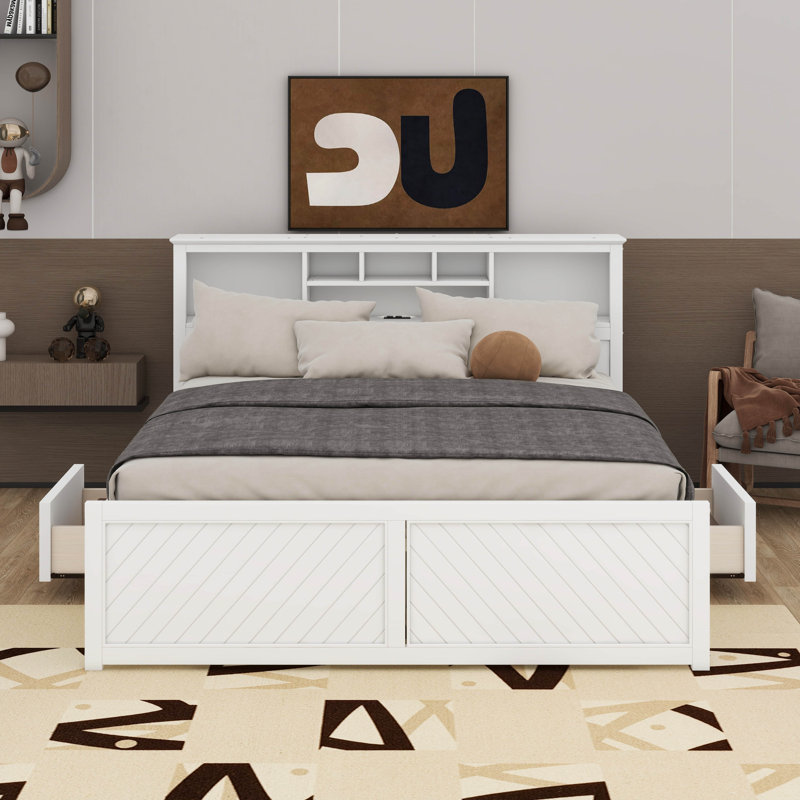 King Size Platform Bed With Multi-Storage Headboard, USB And Drawers, White