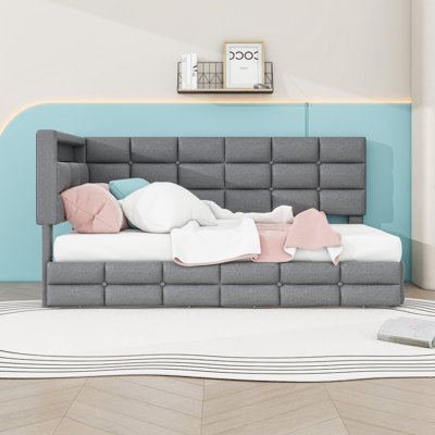 2 Drawers Upholstered Twin Daybed with LED Lighting and Charging Station, Tufted Design