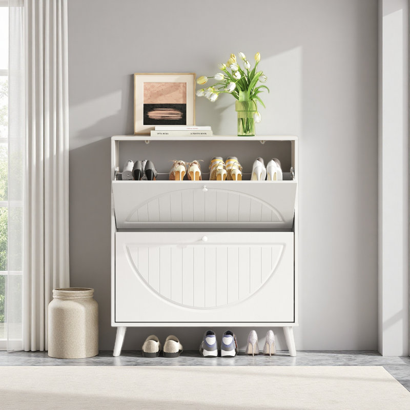 Space-Saving Tipping Bucket Storage Cabinet, Narrow Design With Carved Details, Solid Wood Legs