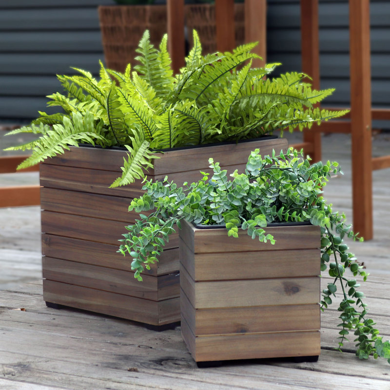 Bozzuto 2pc Assorted Square Anthracite Acacia Wood Planter Box with Liner - Gray, Gray