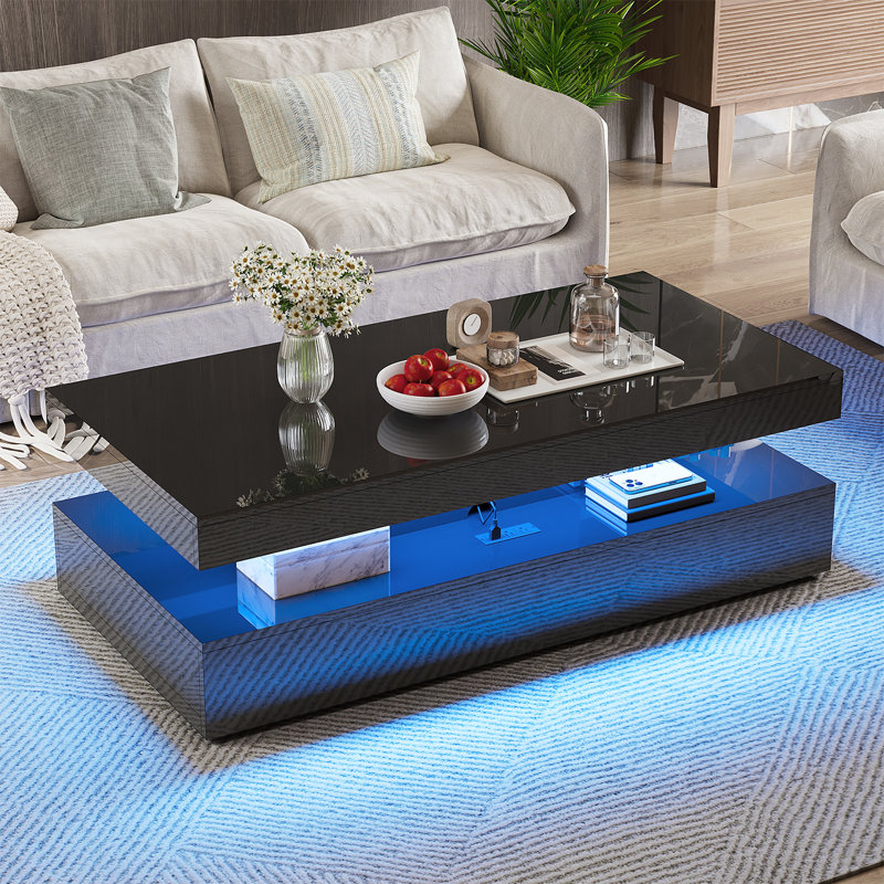 Table basse 47 po à DEL ultrabrillante avec 2 tiroirs coulissants, tables centrales modernes à double couche avec lumières DEL