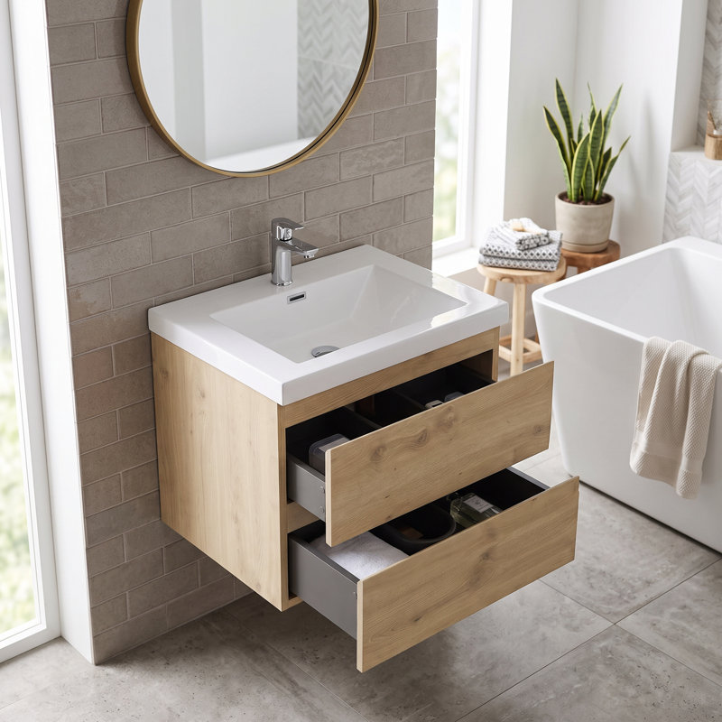 Meuble-lavabo mural en mélamine de 61 cm (24 po), aspect bois naturel, résistant à l'usure et aux égratignures, surface non poreuse et facile à nettoyer.