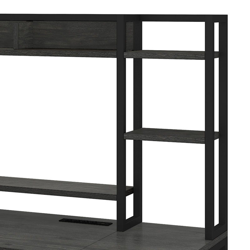  Bureau d'ordinateur avec prises de courant, lumières DEL et huche, Gris