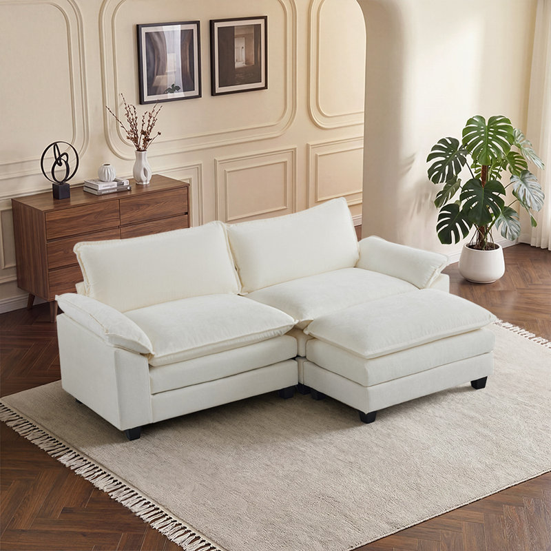 85.4 In'' Multi-Layer Cushion Loveseats With Ottoman, Beige Chenille