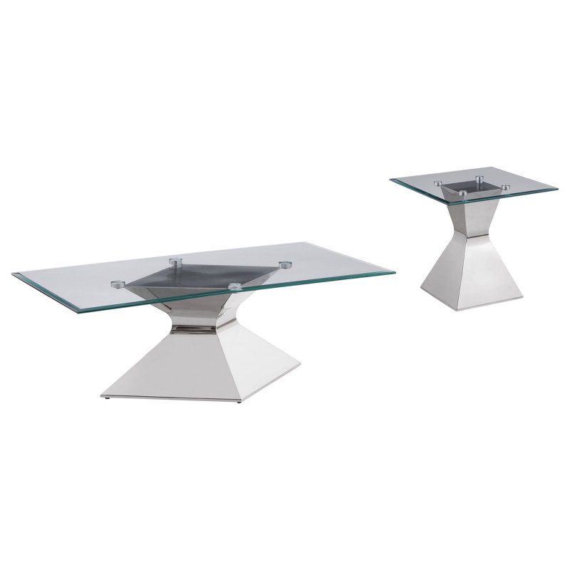 Ensemble de table basse et de table de bout 2 pièces Tani, plateau en verre, base chromée en forme de sablier