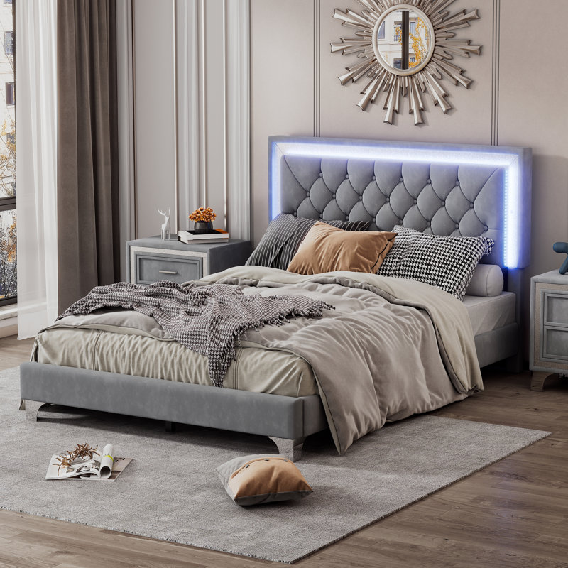 Structure de lit tapissier de taille avec lumières DEL, lit plateforme moderne en velours avec tête de lit capitonnée, Gris