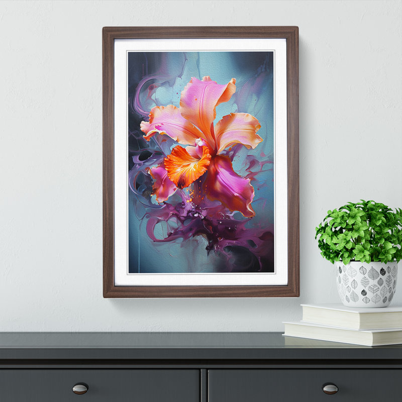 Orchid Flower Gestural - Single Picture Frame Print on Wood, 34cm H x 25cm W x 2cm D, Walnut