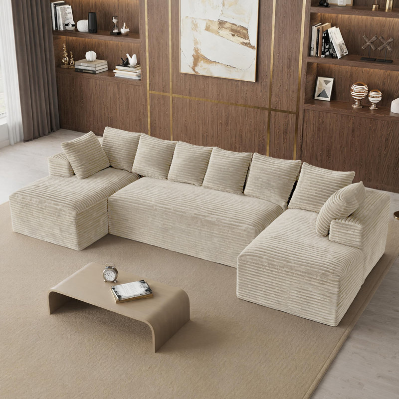 Canapé d'angle surdimensionné sans ossature et à compression de 131 pouces avec coussins, Velours côtelé beige, En form de U