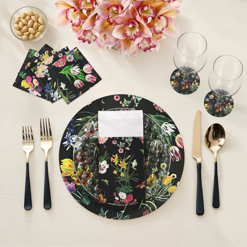 Flora Fauna Black Vegan Leather Round Coasters, Black