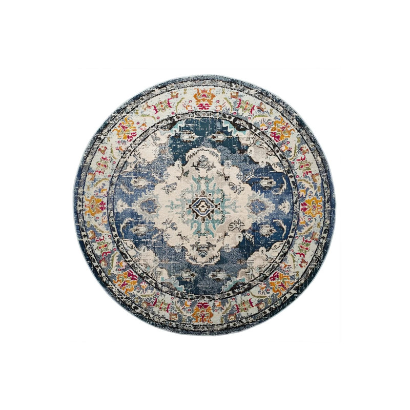 Navy Blue Tone Multicolored Traditional Motif Patterned Vintage Woven Base Round Decorative Rug, Round 5'