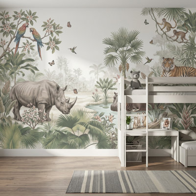 Papier peint jungle tropicale, aquarelle amovible, illustration murale