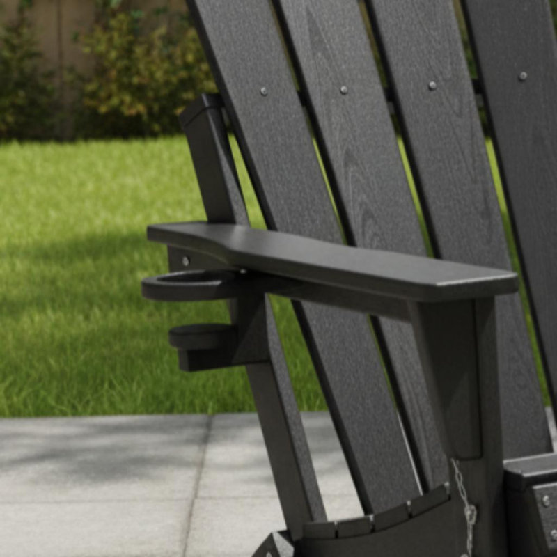 Wood Grain Composite Folding Adirondack Chair, Black With Double Cup Holders, Outdoor Patio Lounge Chair., Black