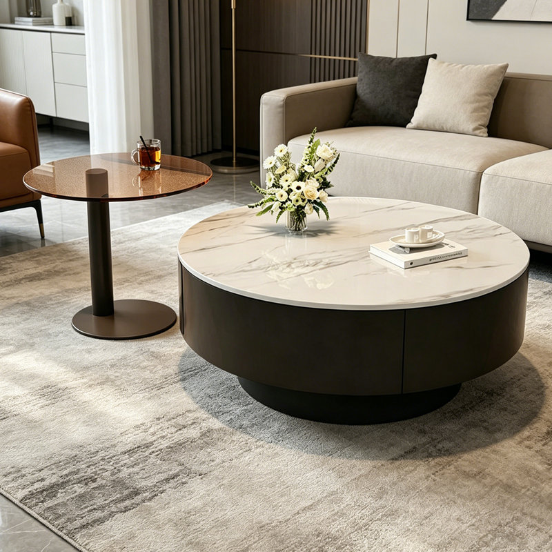 Table basse de luxe italienne Premium, H 13 po x l 31,49 po x l 31,49 po, Blanc / gris / brun clair / noir, Marbre