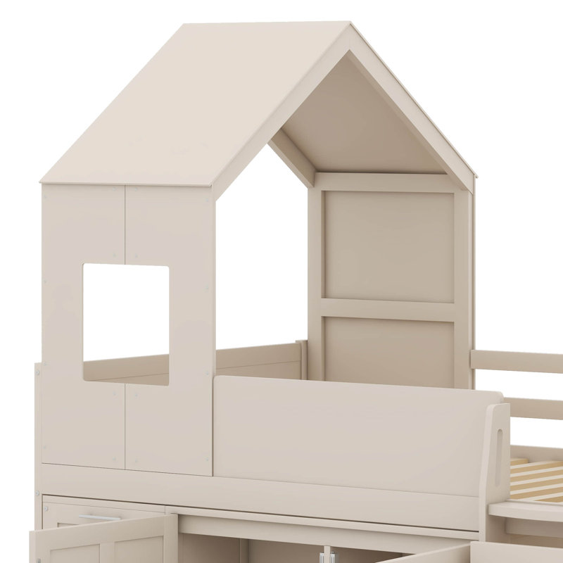 Lit mezzanine simple en bois avec bureau, tiroirs, armoires, Beige