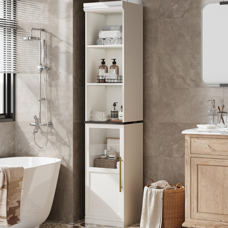 Haut organisateur de rangement de 70 pouces avec porte vitrée, armoire étroite avec tablettes, Blanc