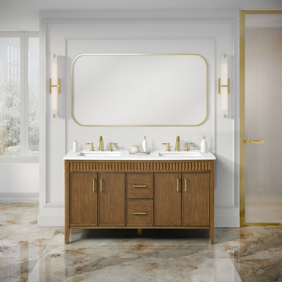 OVE Decors Juliette Meuble-lavabo double autoportant en noyer chaud avec plateau en quartz blanc et quincaillerie or brossé