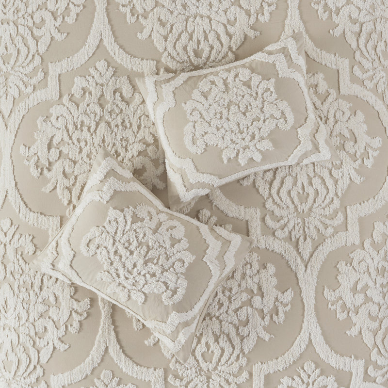 Ensemble d'édredon damassé et touffeté en chenille de coton 3 pièces Viola, Édredon double / grand + 2 taies décoratives sta