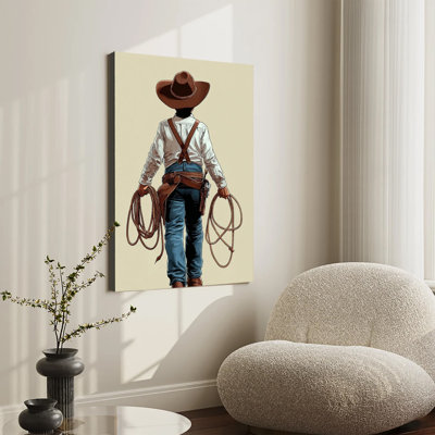 Tableau grand format, style western rétro, représentant un cowboy de dos tenant un lasso, idéal pour le salon ou la chambre. Parfait pour le salon ou la chambre.