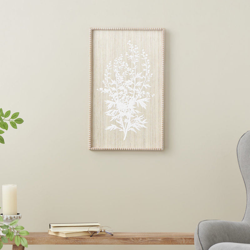 Wood Textured Floral Cream Wall Decor with White Painted Accents and Beaded Frame