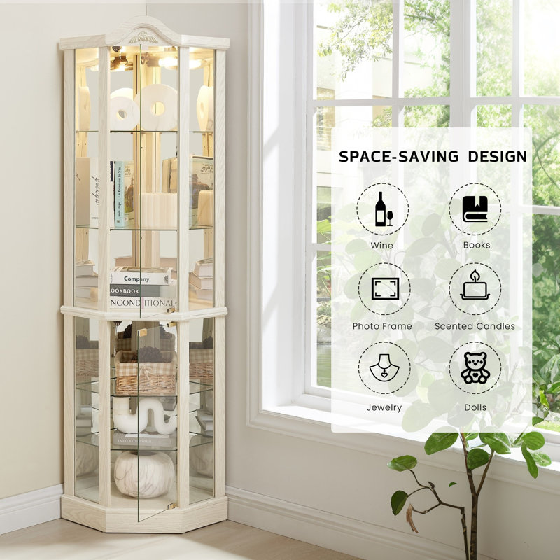  Corner Curio Cabinet, 72" H Lighted Glass Display Cabinet with 6 Adjustable Shelves, China Cabinet with Tempered Glass Doors, Light Blub Included, Rack for Living Room