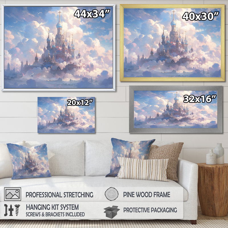 Château dans les nuages I sur toile, H 34 po x l 44 po x P 1,5 po, Cadre flottant blanc