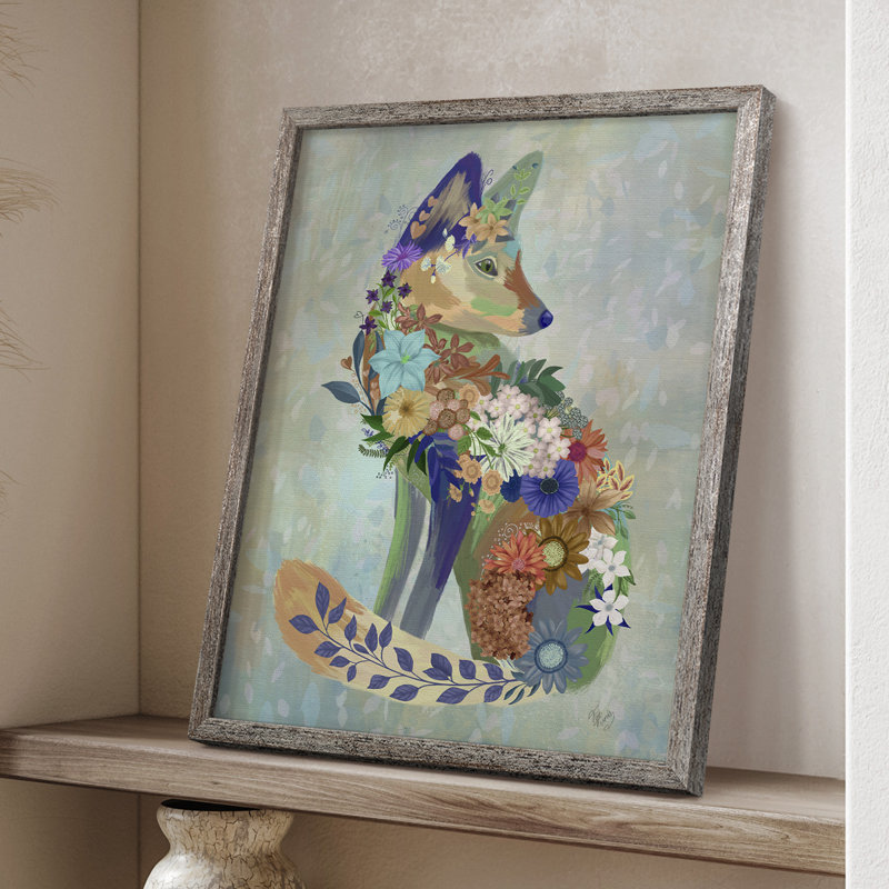 Fantastic Florals Fox, assis, reproduction encadrée - bois massif, H 11 po x l 9 po