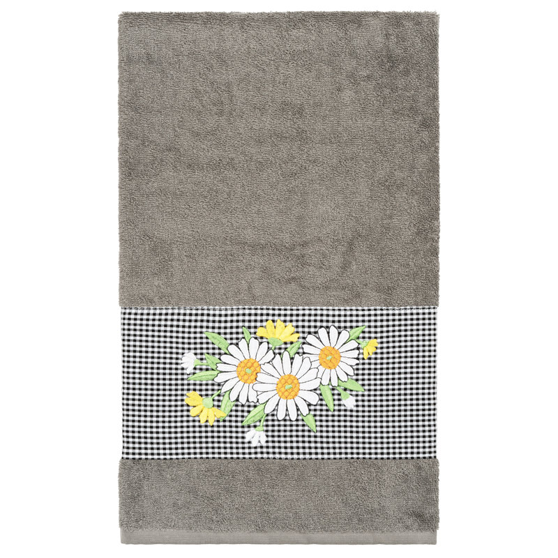 100% Turkish Cotton Daisy Embellished Towel Set, Dark Gray, 1 Piece Hand Towel