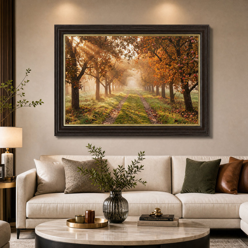 Chemin du verger de pommiers sous la lumière dorée de l'automne - Tableau sur toile, 12"H x 18"W
