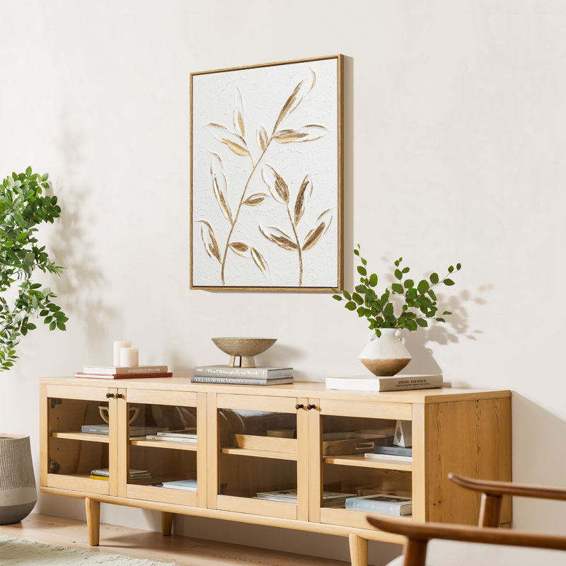 Gold Leaf & White Textured Canvas Wall Art, 31.5" H wood Framed Botanical Decor
