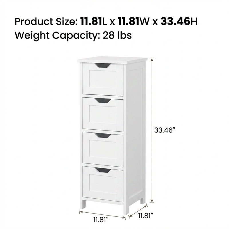 Armoire de rangement de plancher autoportante avec 4 tiroirs, unité de rangement verticale étroite multi-usages