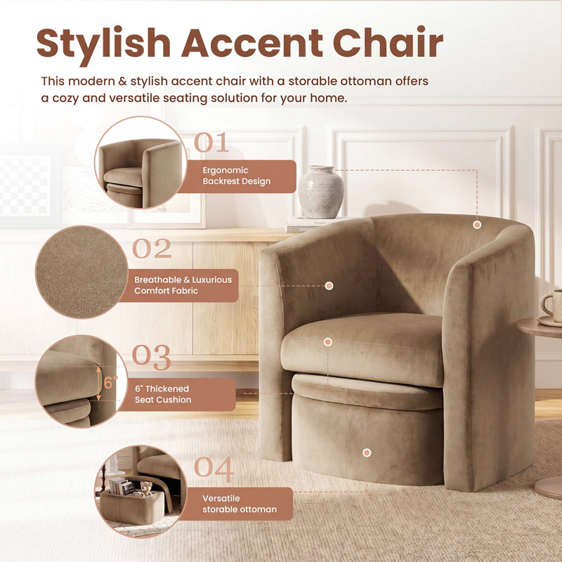 Kyah Upholstered Barrel Chair with Ottoman, Khaki Velvet