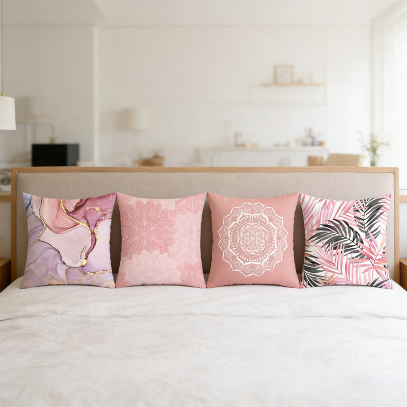 4-Pack Pink Geometric & Botanical Decorative Throw Pillow Cover For Home Sofa, Sofabed, Bed - 18*18 Inch Modern Abstract Polyester Throw Pillow Cover (Inserts Not Included)