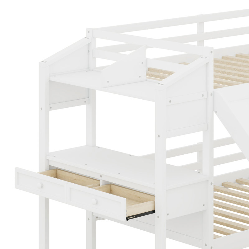 Lit superposé avec escalier de rangement, bureau, glissade et tiroirs, Blanc