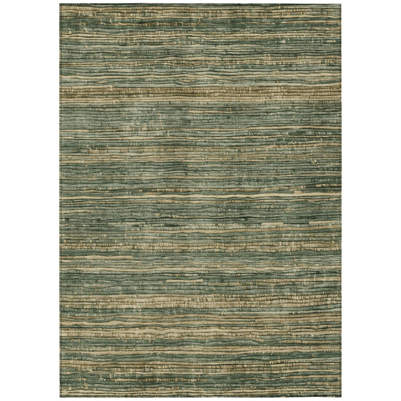 3' X 5' Fern Green And Charcoal Striped Washable Indoor Outdoor Area Rug