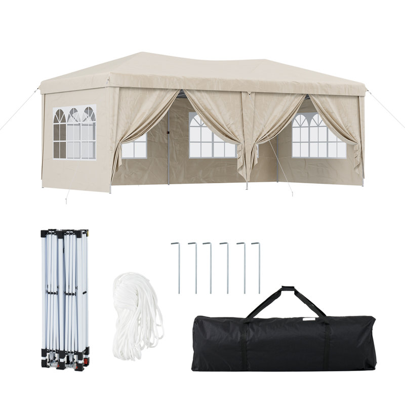 Pop Up Canopy Tent – Outdoor Shelter With Removable Sidewalls & Adjustable Height For Camping, Backyard, Beige