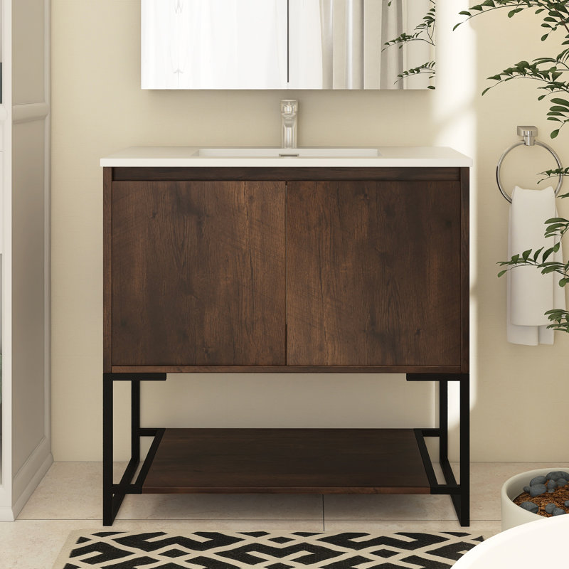 Meuble-lavabo simple 36 po avec plateau Bengi, Palissandre, Blanc