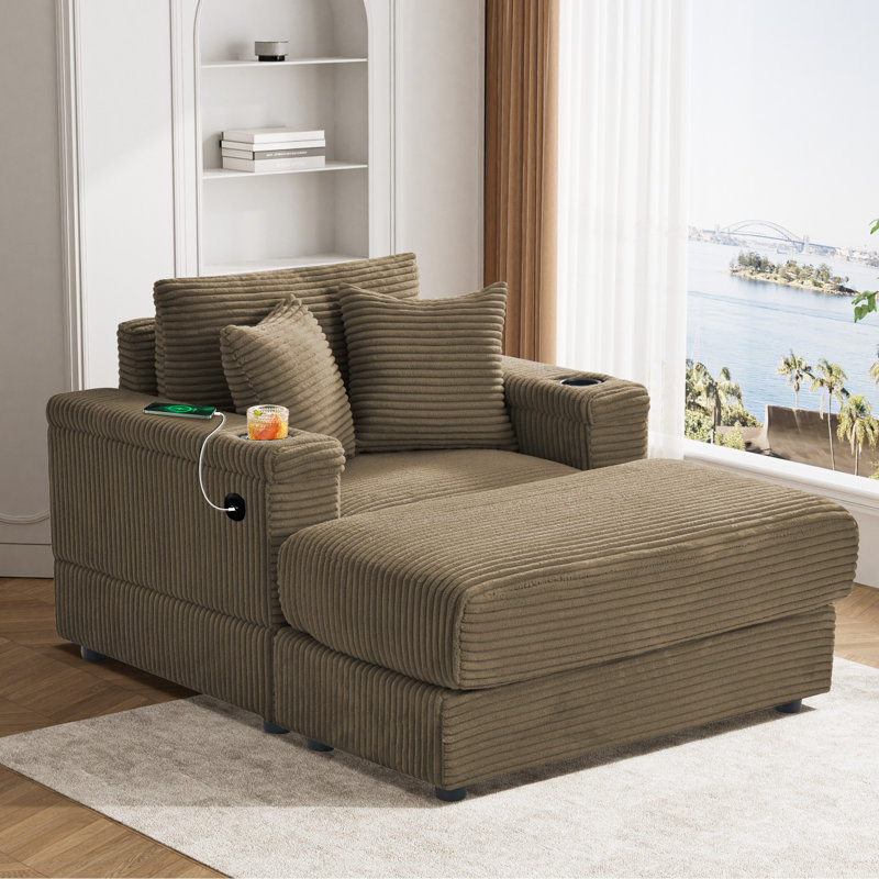 40" Oversized Corduroy Lounge Chair and Ottoman Set with Cup Holders and USB, Brown Corduroy