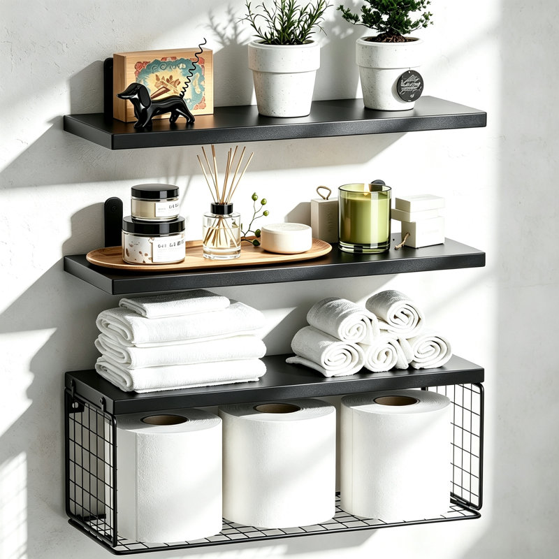 Tablettes murales flottantes 3 pièces avec panier de rangement en fil métallique Cantura, Noir