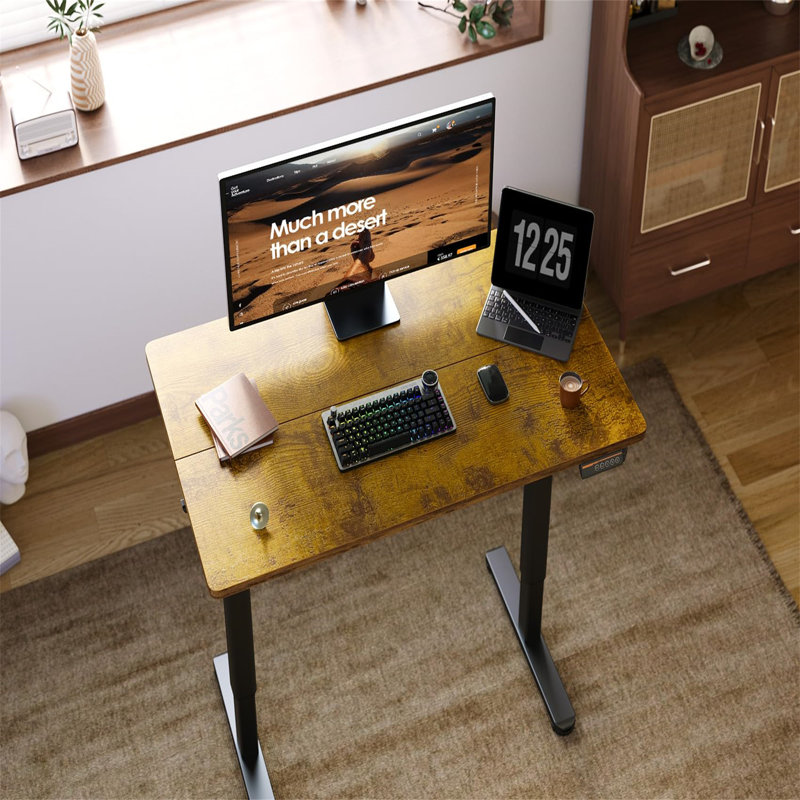 Adjustable Metal Base Computer Desk, Light Brown/Black