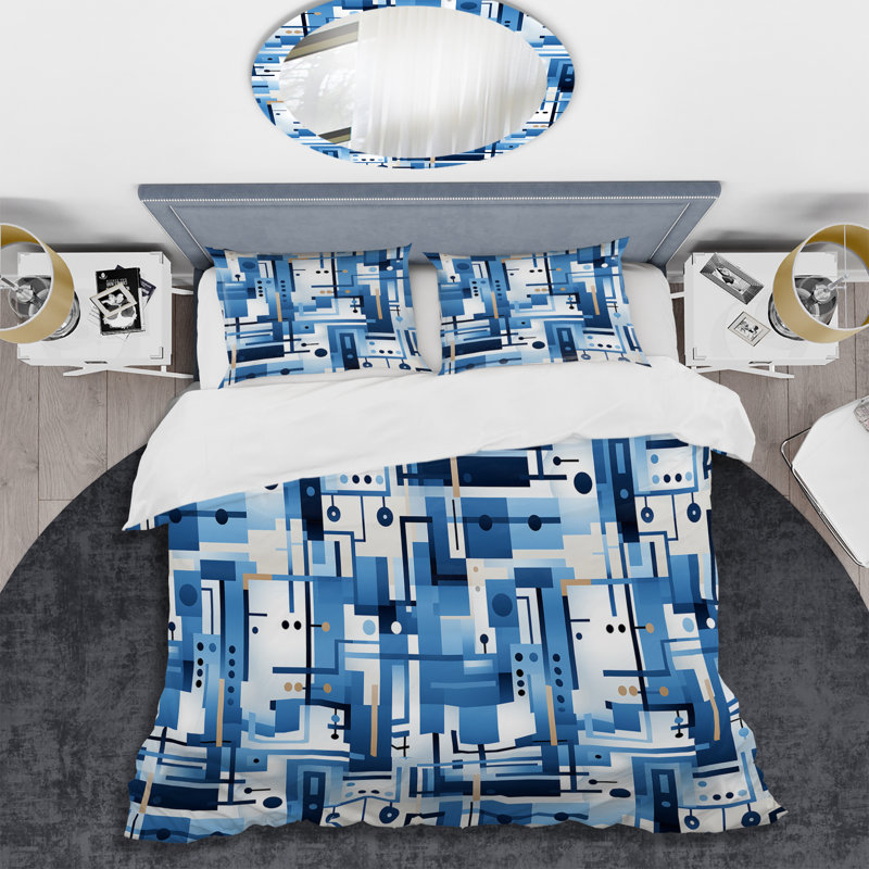 Ensemble de housse de couette à motif géométrique Urban Cobalt Blue And Bwhite Grid Geometric II