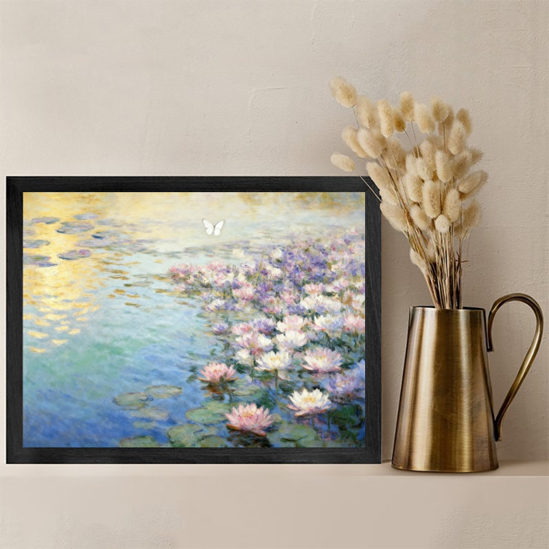 Reproduction d'art encadrée noire de fleurs de glycine rétro reflétée sur l'eau, H 11 po x l 9 po