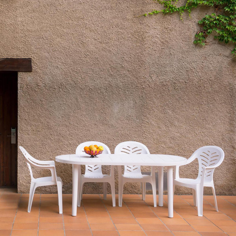 Oval Outdoor Dining Table With Umbrella Hole , 180cm W 90cm D, White