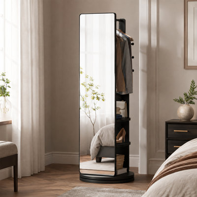 Miroir sur pied pivotant à 360° (175 cm x 51 cm), en bois massif naturel, avec porte-manteau intégré et crochet de rangement. Économisez de l'espace pour la chambre, le salon et le vestiaire.