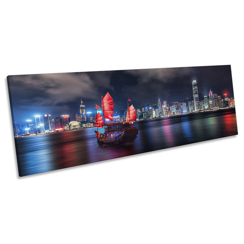 Victoria Harbor Hong Kong Boat Panoramic - Wrapped Canvas Print, 30.48cm H x 91.44cm W x 2cm D