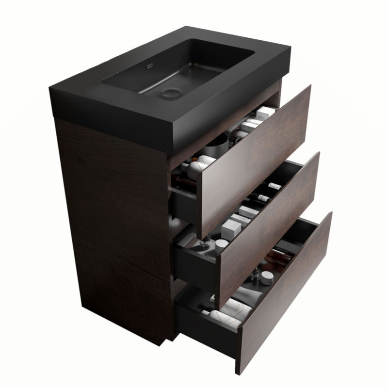 Meuble-lavabo autoportant de 30 po en noyer avec lavabo, grand meuble-lavabo autoportant pour salle de bain moderne, lavabo une pièce noir sans drain ni robinet, pré-assemblé