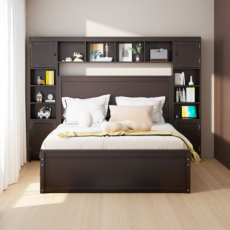 Grand lit en bois avec armoire tout-en-un, tablette et prises, lit gigogne simple TG, Espresso, Grand lit