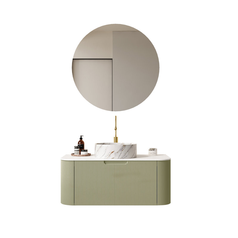 Ensemble de meuble-lavabo mural courbé à rayures 36 po avec lavabo en céramique Annora, Vert clair