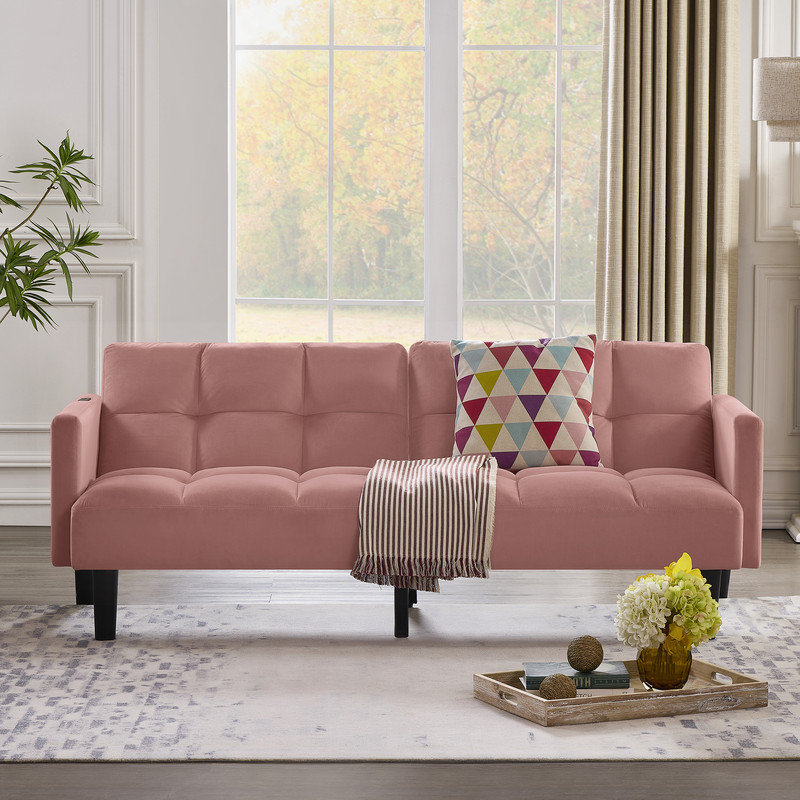 Velvet Convertible Futon Sofa Bed with Adjustable Backrest, Pink